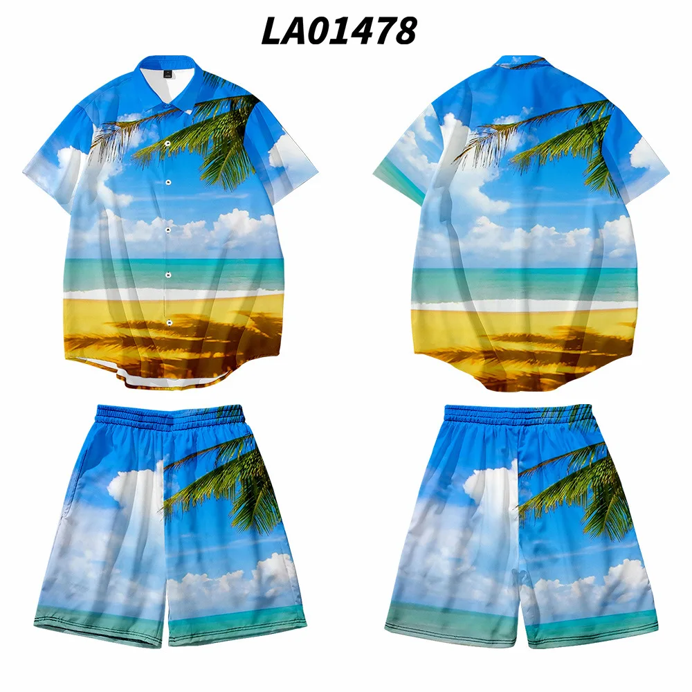 Summer Men 2PCS Pajamas Sets Turn-Down Collar T-Shirt&Shorts Pyjamas Suit Print Beach Holiday Shirts Casual Home Wear Oversize