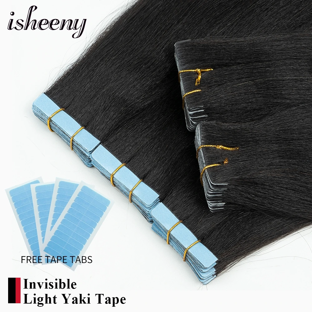 

Isheeny Invisible Tape Hair Extensions Light Yaki 12"-24" Ingection Tape In Human Hair Natural Color 1B Real Virgin Hair 20pcs