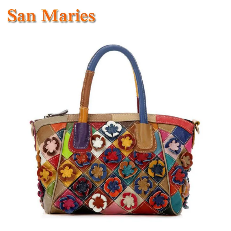

San Maries Women Shoulder Bag Cow Leather Top-handle Bags Ladies Colorful Patchwork Messenger Bags Floral Female Tote Lady Purse