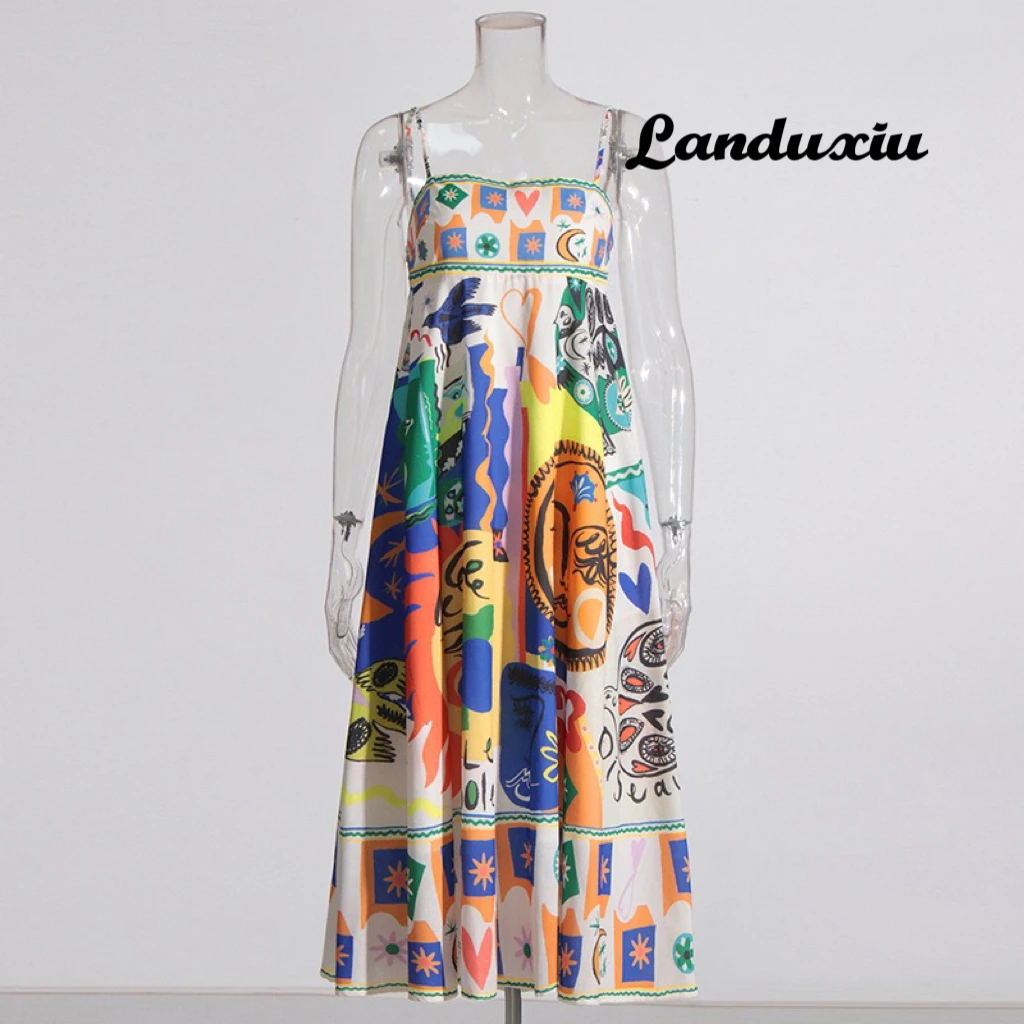 

Landuxiu Designer Fashion Cotton Dress Spring Summer Women Spaghetti Strap Contrast Cartoon Print Long Vacation Camisole Poplin