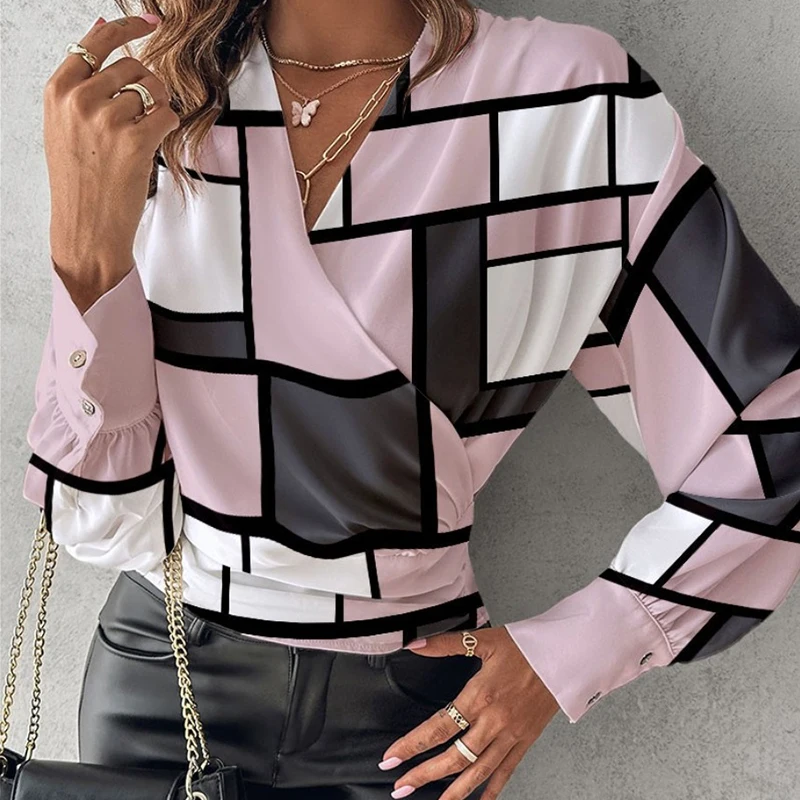 

Casual Temperament Patchwork Elegant Shirts Women 2023 Autumn New Women's Shirts Fashion Sexy V-neck Long Sleeve Printed Shirts