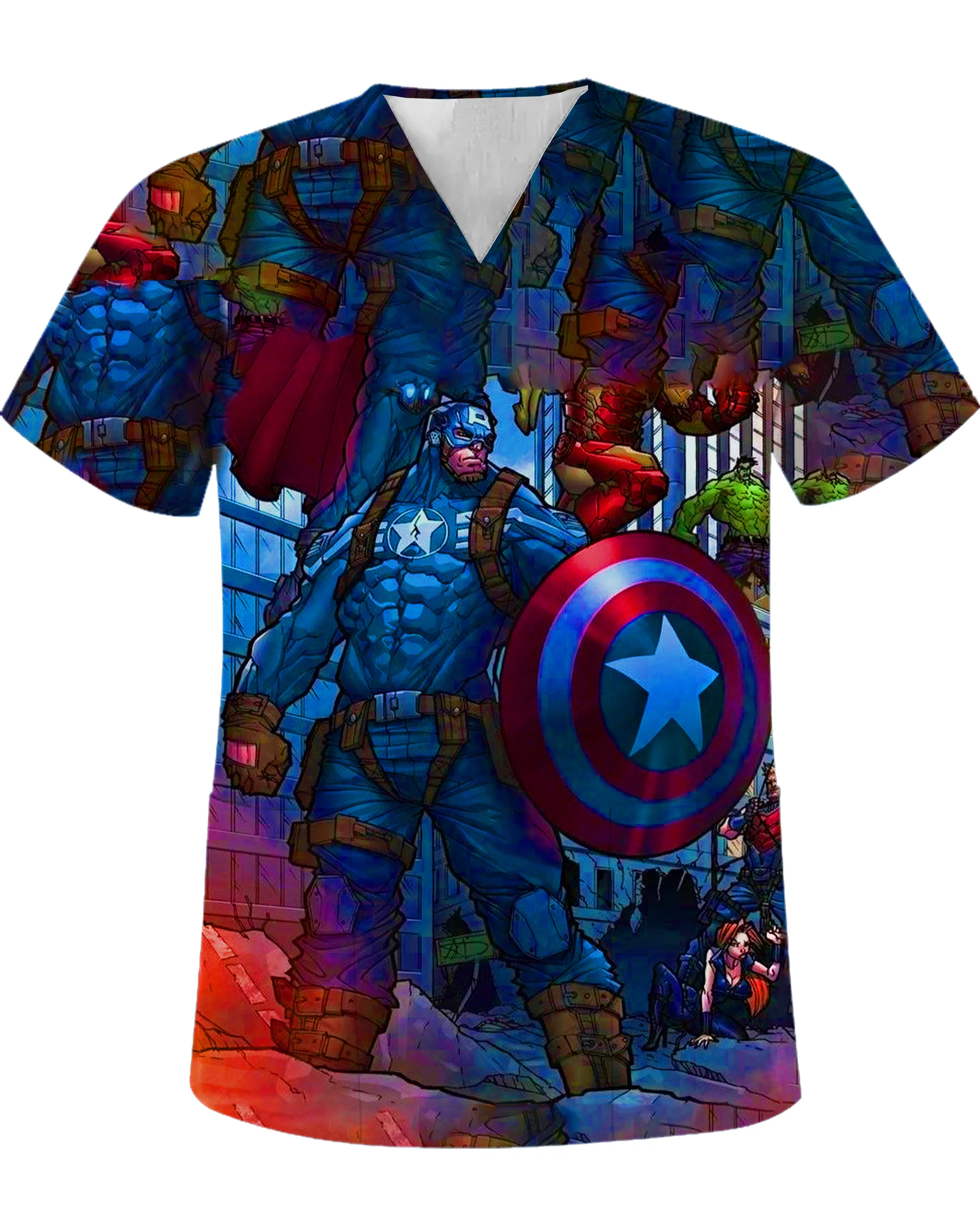

Hot Toys Captain America Superhero V-neck Pocket For Men Woman Vintage Blouses T-shirt Male Short Sleeve Tee Anime Spider-Man