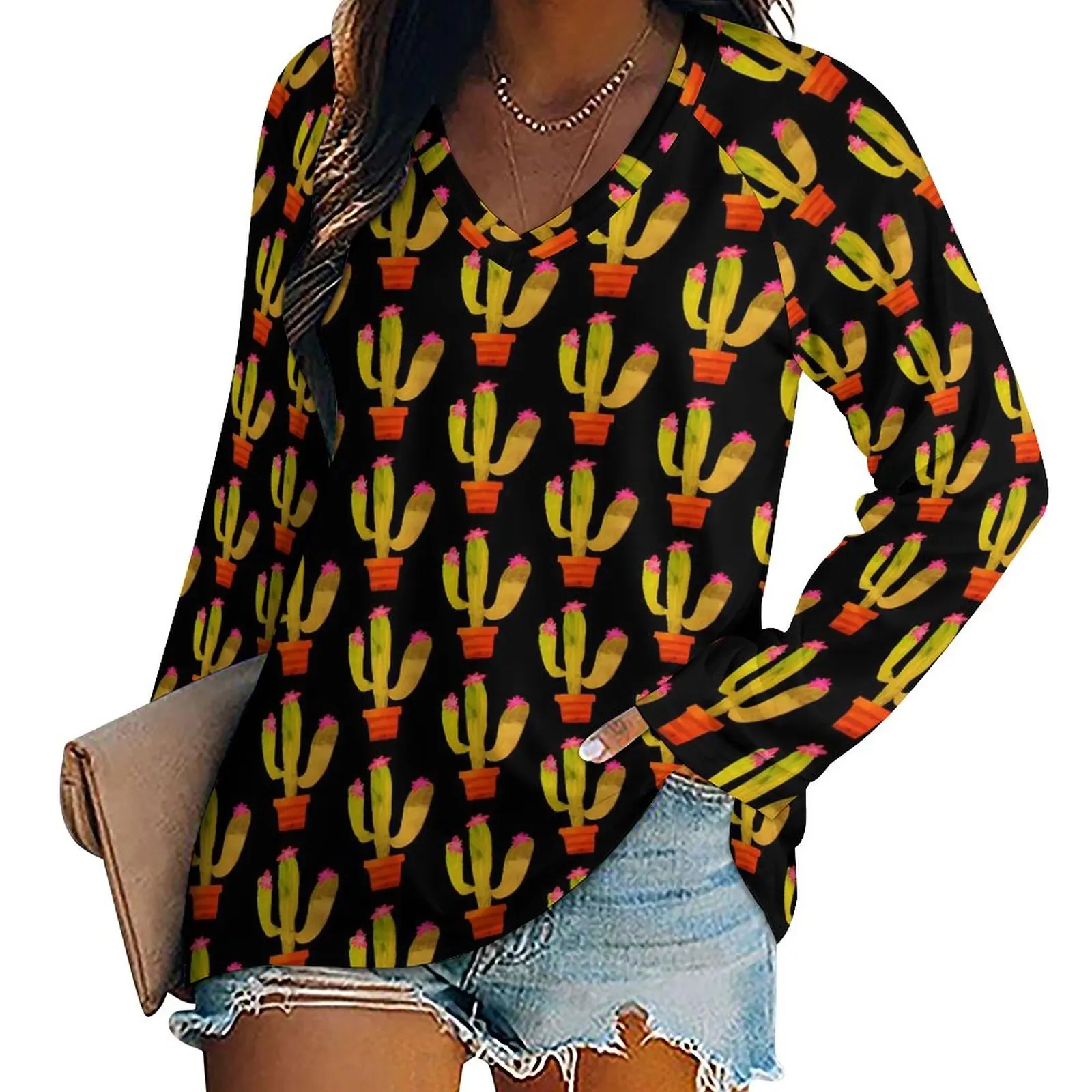 

Cute Cactus T-Shirt Winter Plant in Pot Street Style T Shirts Long-Sleeve Retro Tshirt Women Graphic Top Tees Large Size