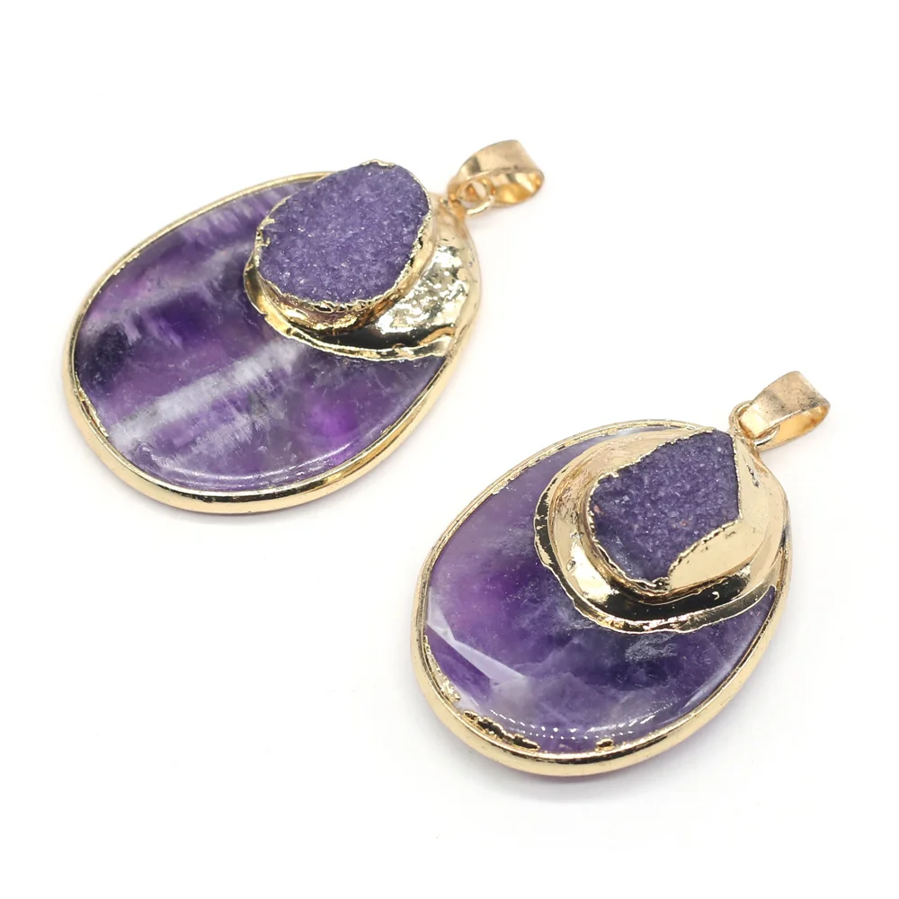 

Natural Amethysts Pendant Charms Natural Druzys Stone Pendant for Making DIY Jewerly Necklace Accessories 28x38mm