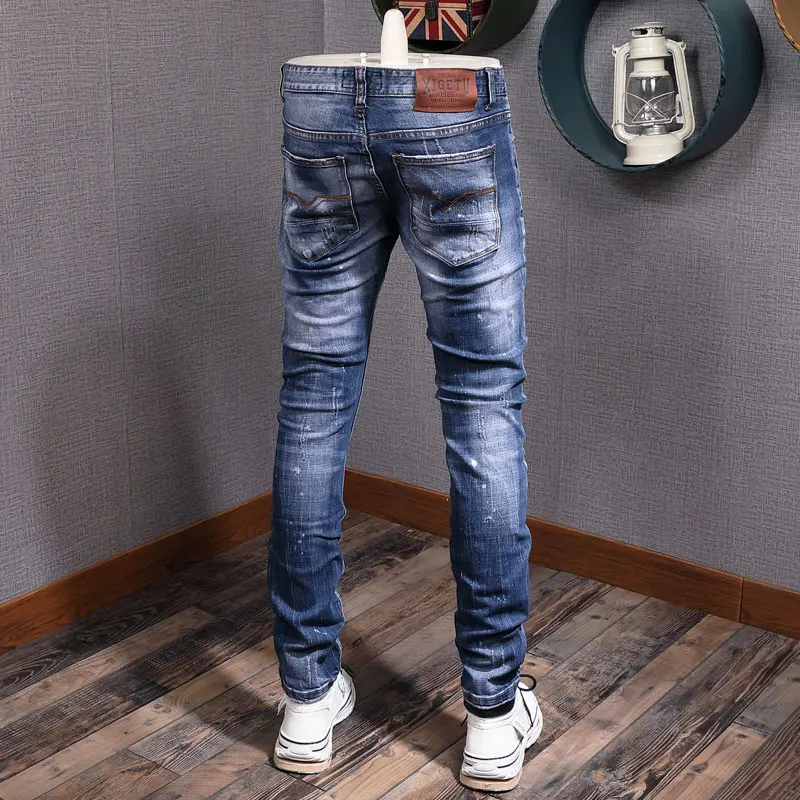 Streetwear Fashion Men Jeans Retro Blue Stretch Slim Fit Printed Designer Ripped Jeans Men Vintage Patched Hip Hop Pants Hombre