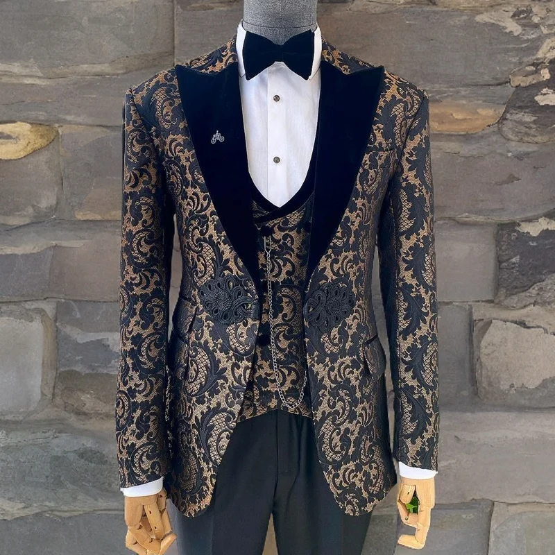 Black Floral Wedding Party Suits for Men with Mandarin Button Slim Fit 3 Piece Formal Jacket Double Breasted Vest and Pants