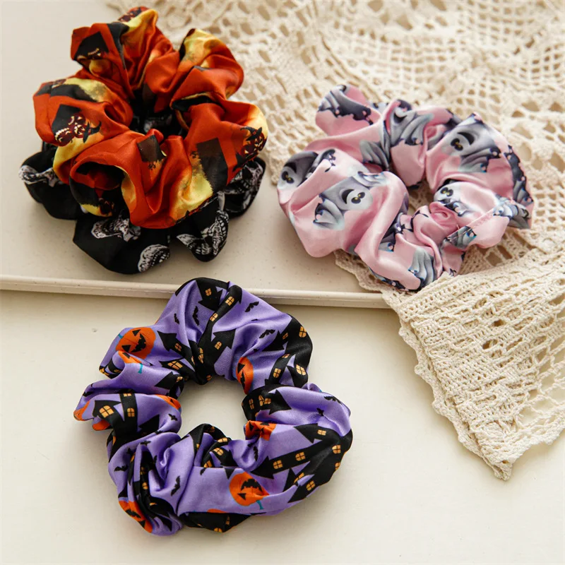 

Halloween Hair Scrunchies Pumpkin Bat Skull Printed Hair Ties Elastic Hair Band Women Girls Ponytail Holder Hair Accessories