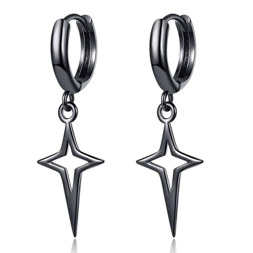 

925 Sterling Silver Long Cross Star Fashion Personality Punk Black Dangle Earrings Female Trendy Jewelry