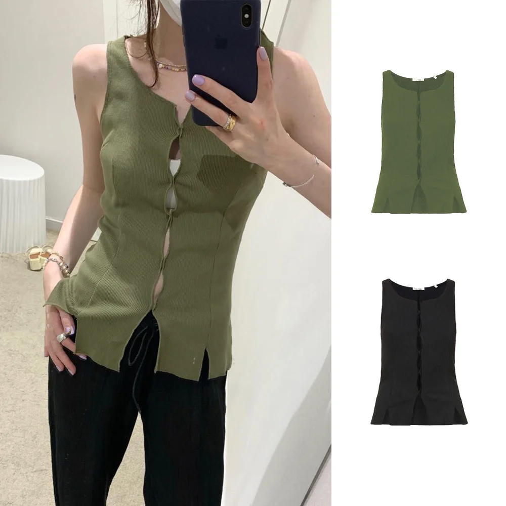 

2023 Summer New Two Tone Hollow Asymmetric Raw Edge Cut Knitted Tank Top Comfortable Perforated Sleeveless Top