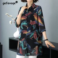 vintage fashion casual print button long shirt summer 2022 office lady polo neck three quarter sleeve loose tops ladies clothing