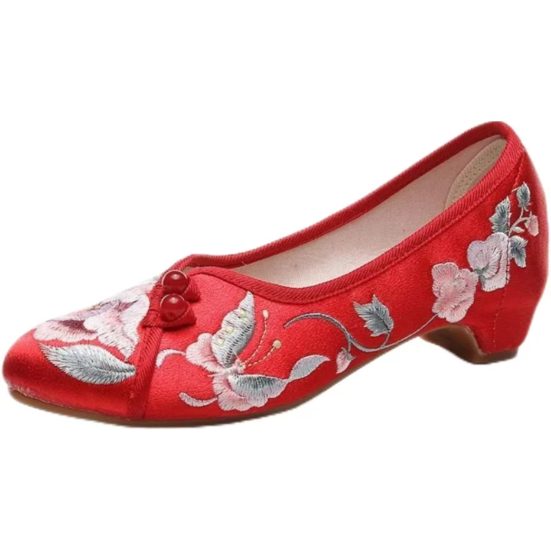 2024 женские весенне-осенние туфли на мелком шелковом каблуке с вышивкой Cheongsam