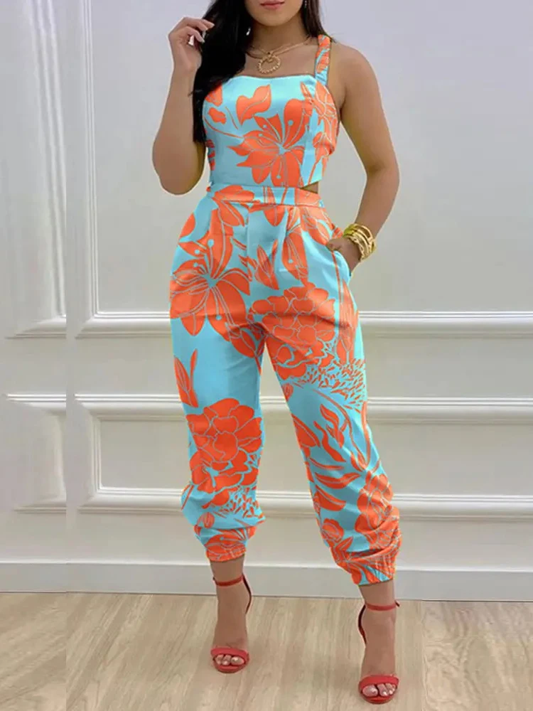 Summer Jumpsuits For Women Long Pants Sleeveless Jumpsuit Elegant Print Spaghetti Hollowed-out Square Neck Rompers Playsuits