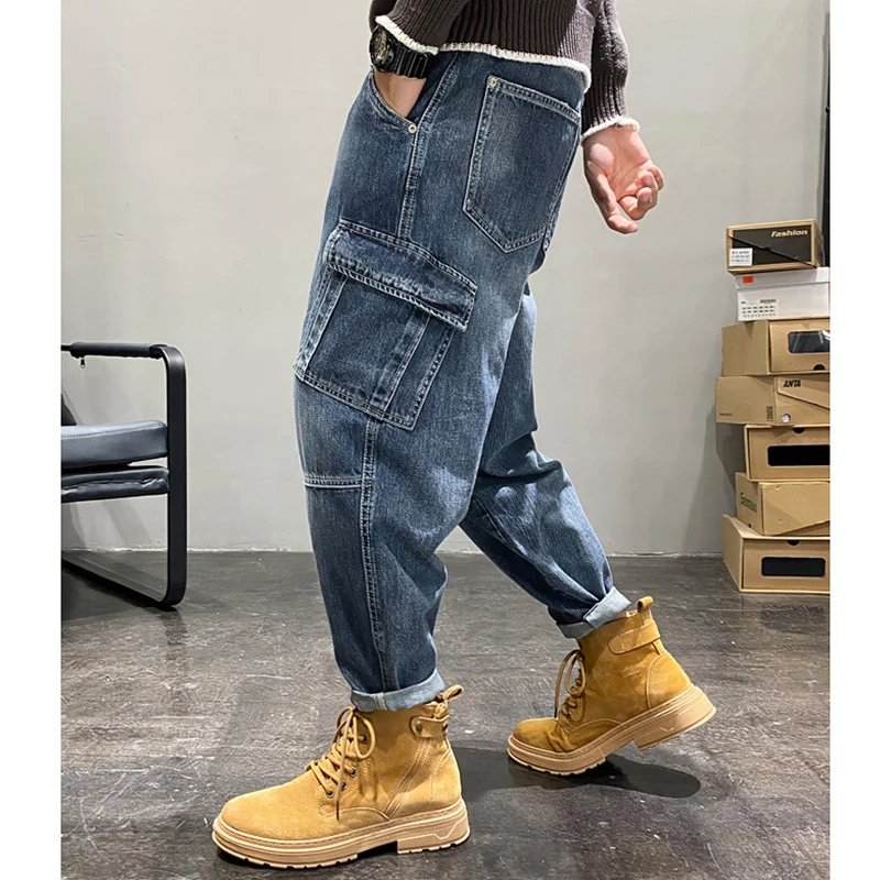 Streetwear Men New Pattern Blue Mop Pants Fashion Hip Hop Multiple Pockets Broad Leg Overalls Temperament Versatile Jeans Autumn