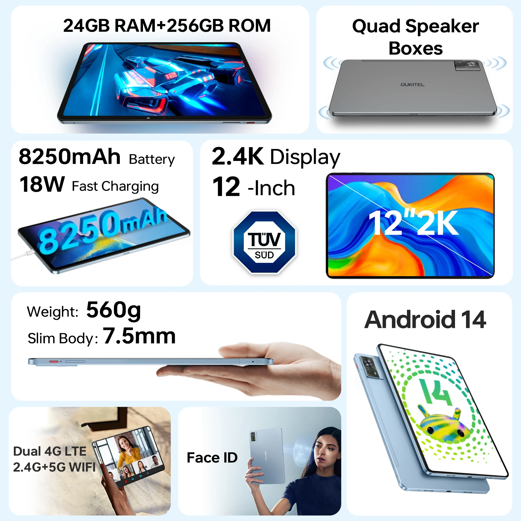 Фото Планшет OUKITEL OT5S Android 14 — 12-дюймовый дисплей 2K, 24 ГБ + 256 ГБ, 8250 мАч, 16 МП/4G, Dual SIM/5G WiFi/TÜV/GPS/включает ручку и чехол №4