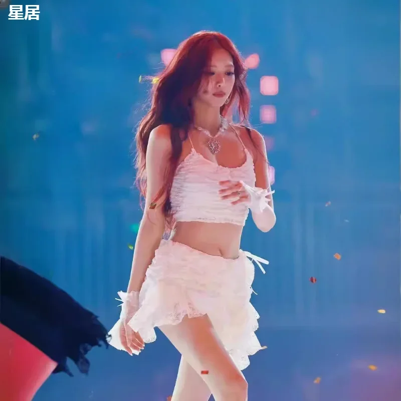 Женский костюм джазового танца белый кружевной топ на бретельках необычная юбка