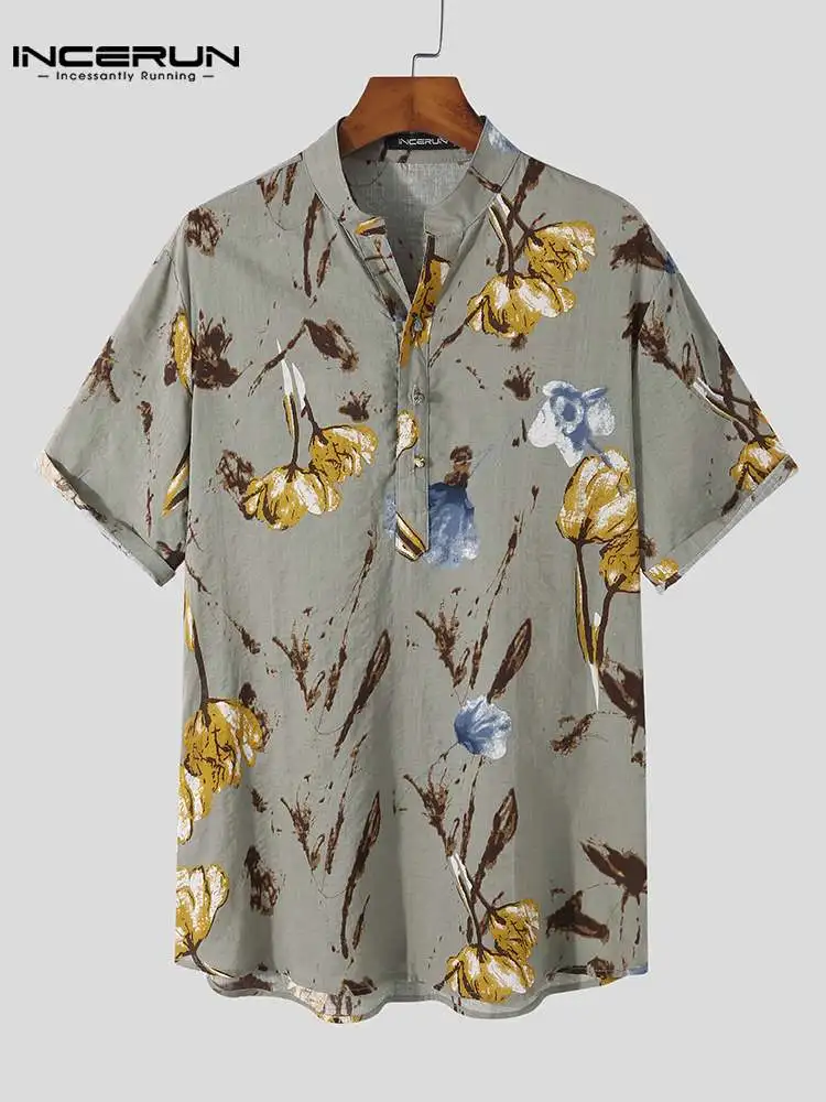 

INCERUN Men Printed Shirt Cotton Stand Collar Short Sleeve Summer Casual Hawaiian Shirts 2022 Streetwear Vintage Leisure Camisas
