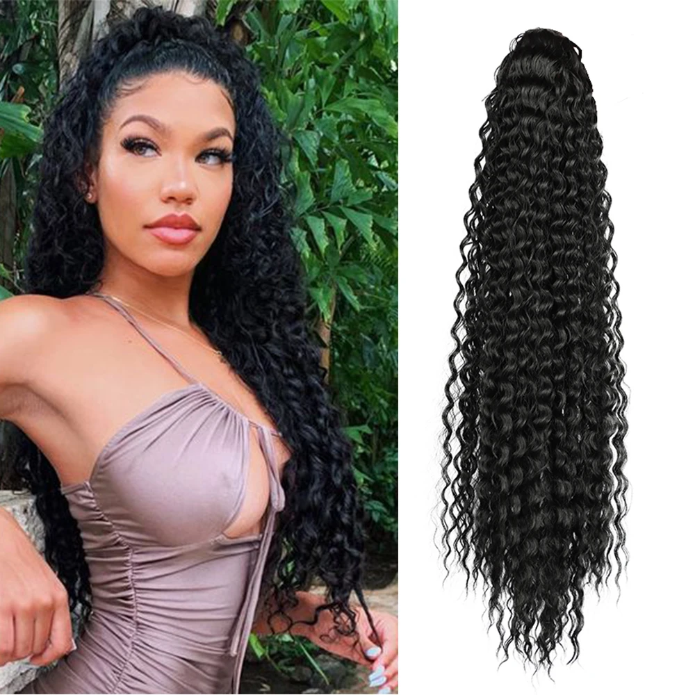 Synthetic Curly Drawstring Ponytail Clip-In Hair 30inch Long Kinky Curly Highlight Black Colored Drawstring Pony-Tail For Women
