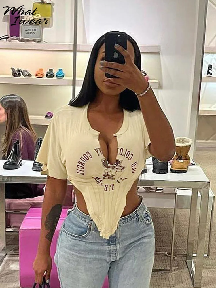 

Whatiwear Skinny Slim Top For Girls Hipster Economic Letter Print Side Folds V-Shape T-Shirt Short Sleeve U-Shape Neck Clothes