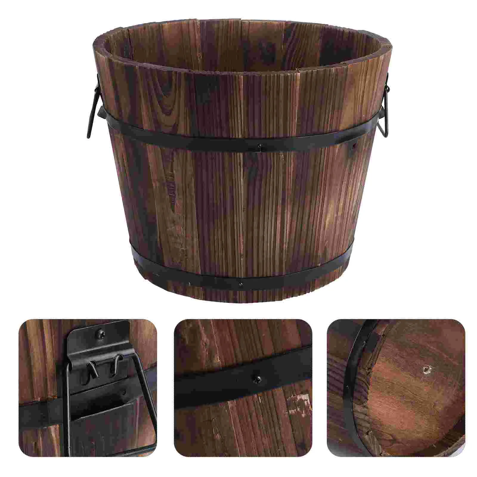 

Carbonized Wood Flowerpot Barrel Wooden Pail Balcony Decor Outdoor Hanging Planter Keg Decorative Bucket Anticorrosion Indoor