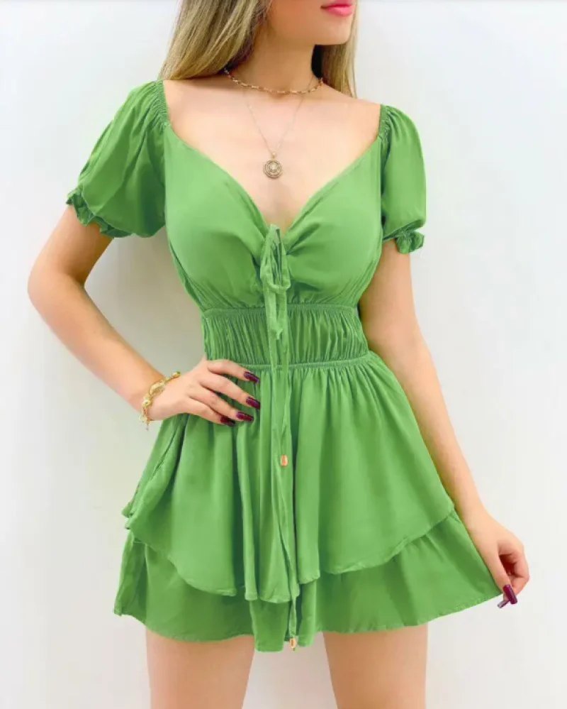 2022 Summer New Sexy Dresses High Waist Puff Sleeve Casual Solid Color Jumpsuits Women Sweet Ruffle Romper