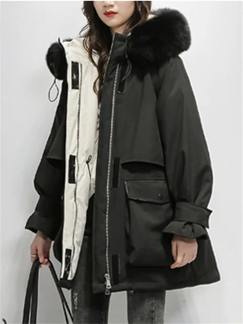 Fur Collar Hood Winter Jacket Women Adjustable Waist Autumn 2022 Korean Fashion Oversize Loose Thicken Warm Outerwear