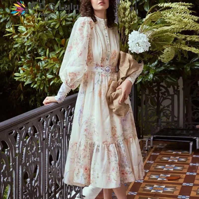 

EDGLuLu Sweet Casual Stand Collar Single Breasted Floral Dresses For Women 2023 Loose Sand Printed Long Dress Holidays+Belt 0819