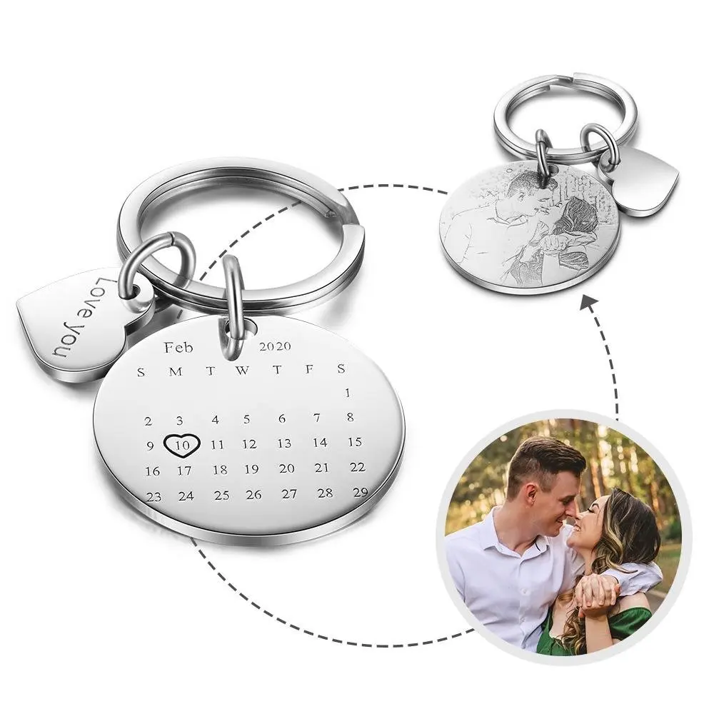 

Duoying Personalized Custom Engraved Special Date Circle Heart Pendant Keychain Calendar/Photo/Text Dog Tag Custom Keyrings