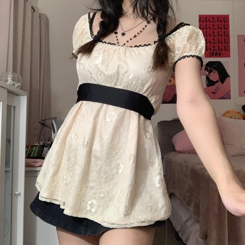

Y2K Fairycore Grunge Kawaii Girl Kawaii кружевное мини-платье лоскутное платье с коротким рукавом ТРАПЕЦИЕВИДНОЕ женское винтажное праздничное уличное плат...