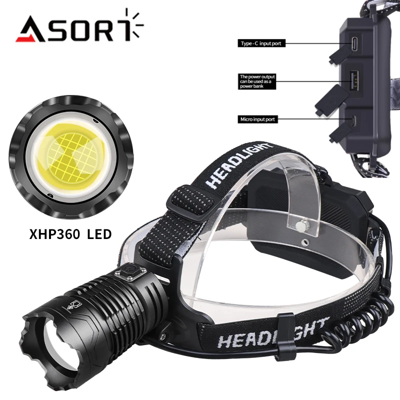 High Power LED Headlamp Type-C/Micro USB Rechargeable Headlight XHP360 Multi-function Lamp Zoom Fishing Camping Lantern Outdoor