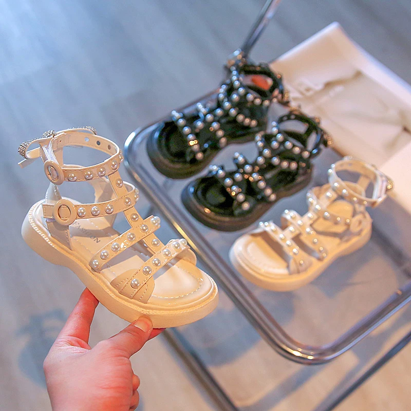 

Girl's Sandals Pearl Bohemia Style Beige Black Narrow Band Back Bowtie Children Summer Shoes 26-36 Fashion Kids Sliders for Girl