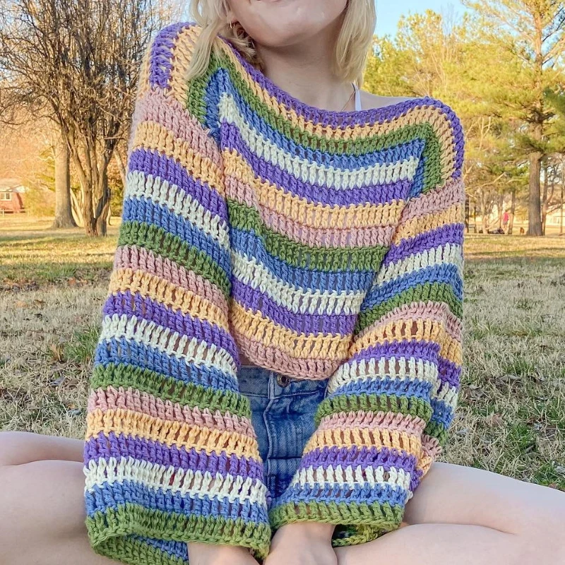 

Dourbesty Vintage Knit Sweater Pullovers Women Colorful Striped Sweaters Spring Long Sleeve Oversize Y2K Aesthetic Crop Jumpers