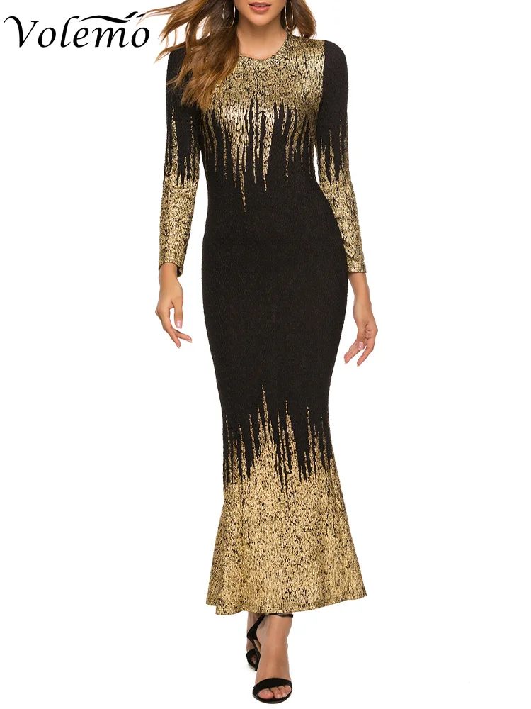 

Elegant Bronzing Glitter Long Dress for Women O Neck Long Sleeve High Waist Bag Hip Mermaid Bodycon Dresses Party Evening Robe