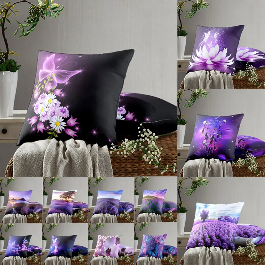 

Purple Pillow Case Decor Home Cushion Cover Decorative Pillowcase Living Room Sofa 45x45cm 50X50CM Chair Lavender Butterfly New