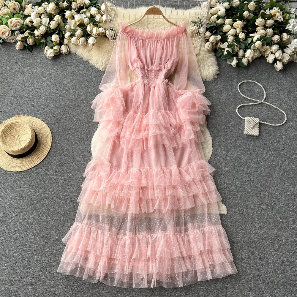 

SuperAen Ruffled Mesh Long Dress for Women High Waist One Shoulder Slash Neck A-LINE Party Dress