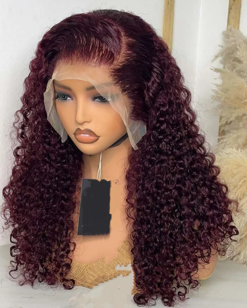 99J Красный Бордовый Цвет Короткий Боб Стрижка Кудрявый Синтетический Парик 13X4