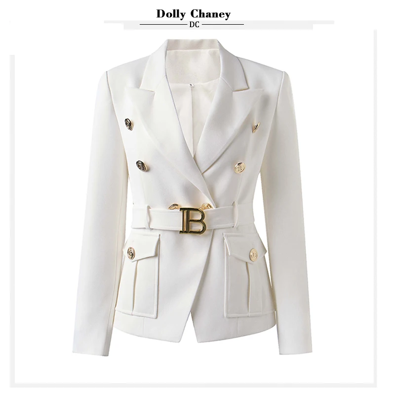 Dollychaney Blazers Women's Jacket White Slim Belt, Classic Style, Office Suit, Black and White New Outwear, Luxury Quality