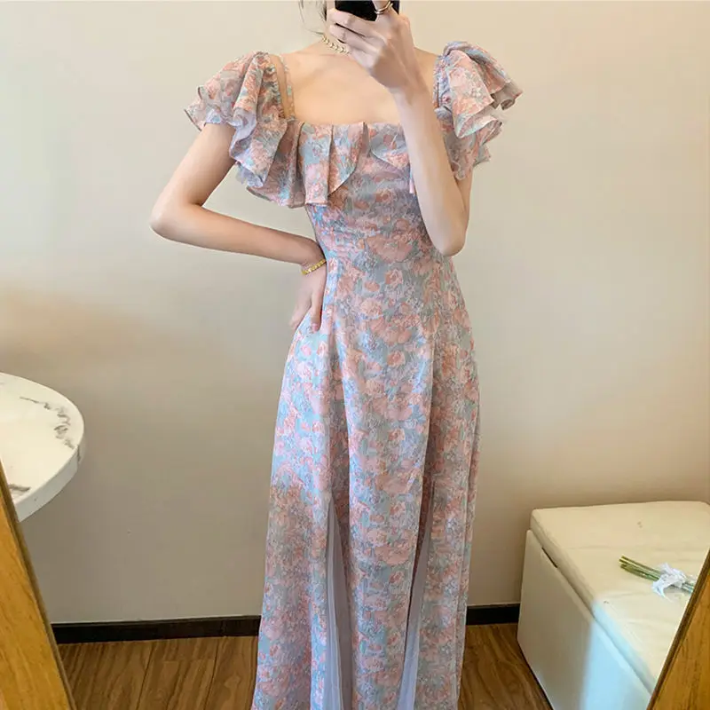 

Women Dress Purple Pink Floral Chiffon Dress Ruffles Collar Elegant Long Maxi High Quality Casual Sleeveless Sweet Dress