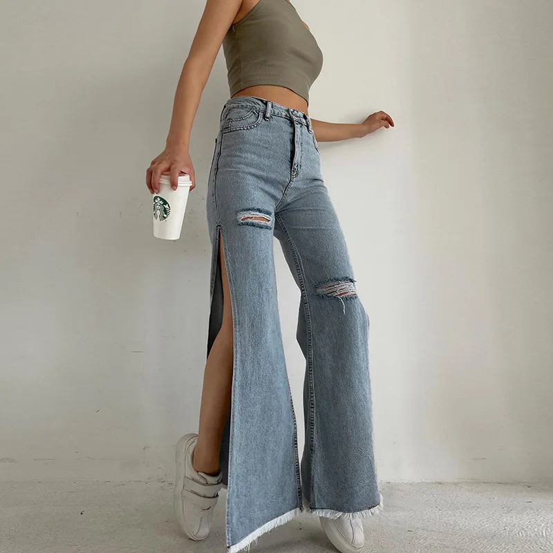 

Fashion Flared Wide Leg Jeans Women Streetwear Ripped Side Slit High Waist Straight Denim Pant Spring High Street Trouser Female