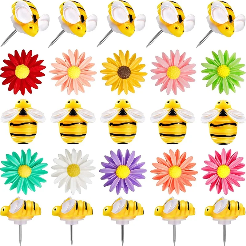 

60Pcs Flower Pushpins Bees Thumbtacks Cute Decorative Push Pins For Whiteboard,Corkboard,Bulletin Board,Home Decoration