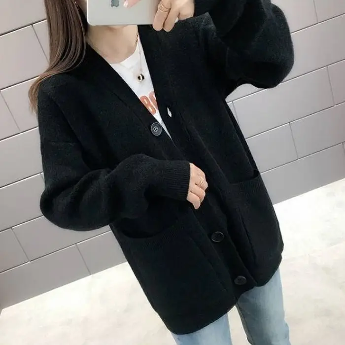 

2022 New Sweater Jacket Women's Korean Version Net Red Loose Western Style Lazy Wind Solid Color Knit Cardigan