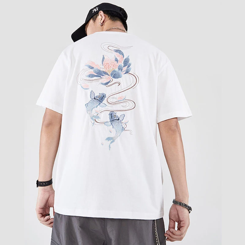 

Summer Lotus Koi Embroidery Short Sleeve Men T Shirt Chinese Style Fashion Causal Harajuku 90s Oversized Clothes Black White Top