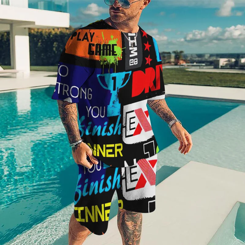 

High Quality Summer Men Sets Tracksuit Oversized T Shirt Shorts outfits Set Vintage 3D Pattern Print HipHop Breathable Men Cloth