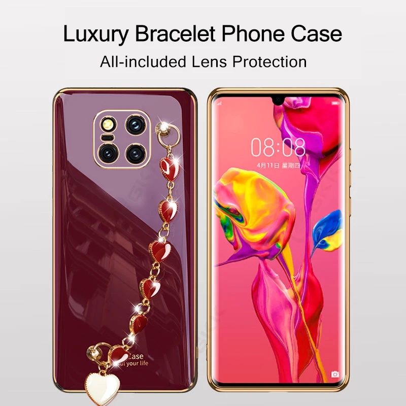 

GKK Luxury Plating Case For Huawei Mate 20 30 P40 Pro 5G Love Pattern Wrist Strap Soft Cover For Huawei Mate 20 30 P40 Pro Case