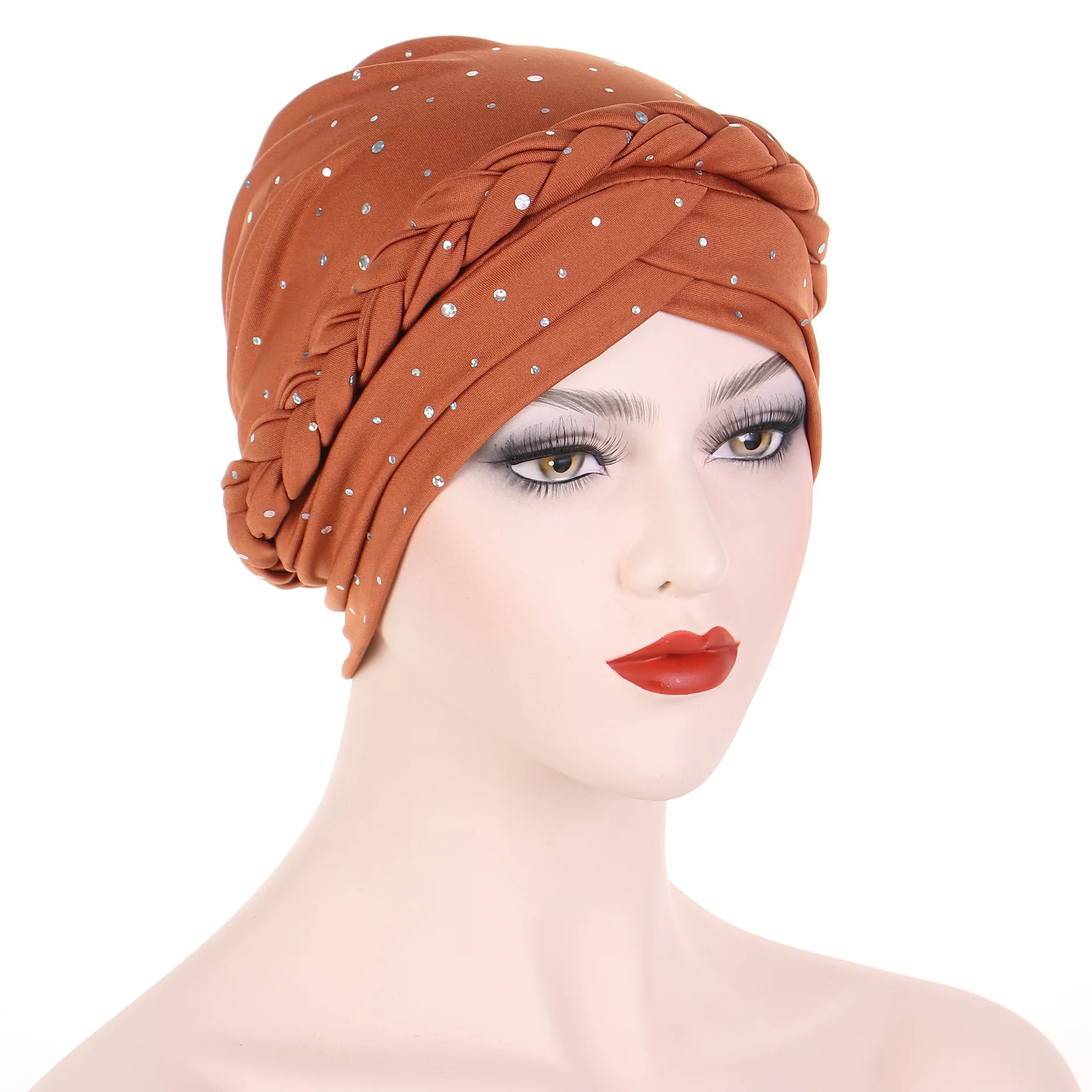 Women Turban Cap Beaded Headscarf Beanie African Braid Cap for Women Twisted Beaded Braid Wrap Hat Turban for Muslim Women
