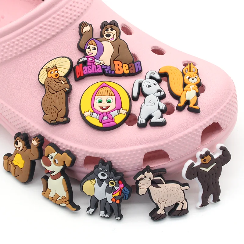 

New jibz 1pcs Russia cartoon bear and little girl Shoe Charms funny DIY clog Shoe Aceessories Fit croc Sandals Decorate kid Gift