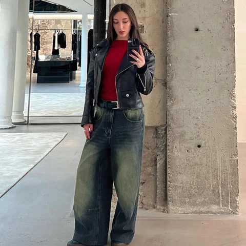 Blue High Waist Women' Clothing Jeans Gradual American Retro Fashion Denim Pants Design Straight Leg Micro Flared Wide Leg Jeans