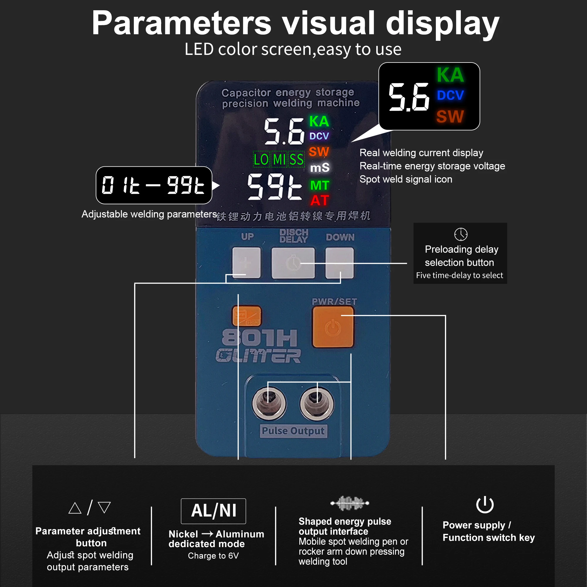 Блестящий точечный сварочный аппарат 801H точный с алюминиевым и никелевым