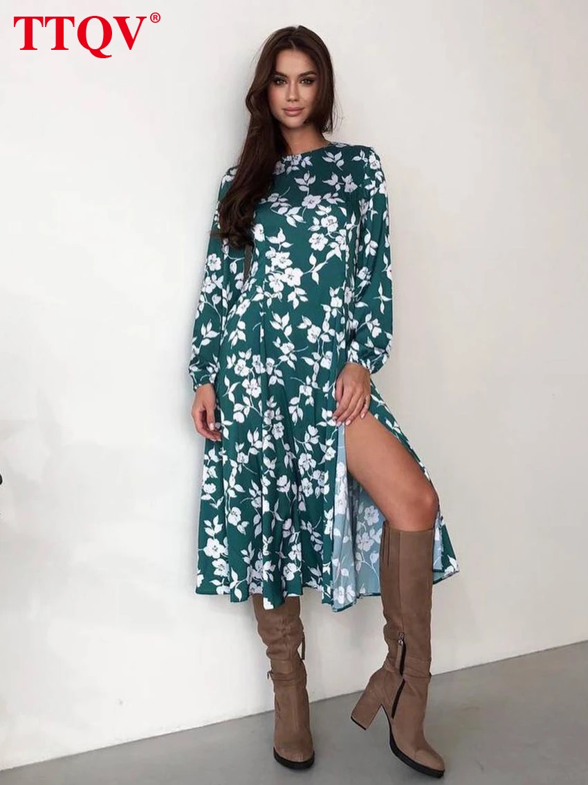 

TTQV Casual Green O-neck Dress For Women 2023 Elegant Floral Print Dresses Fashion Long Sleeve Side Slit Midi Dresses Streetwear
