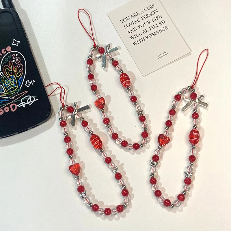Red Heart Silver Bow Key Chain Ladies Fashion Cute Romantic Vintage Cool Keychain Charm Korea 90s Aesthetic Bag Phone Chain New