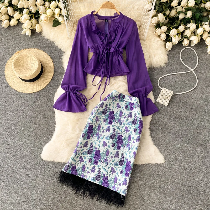 

Women Summer Two 2 Piece Set Korean Elegant Lace Up Lantern Sleeve Ruffle Chiffon Blouse Tops + Embroidery Feather Long Skirts